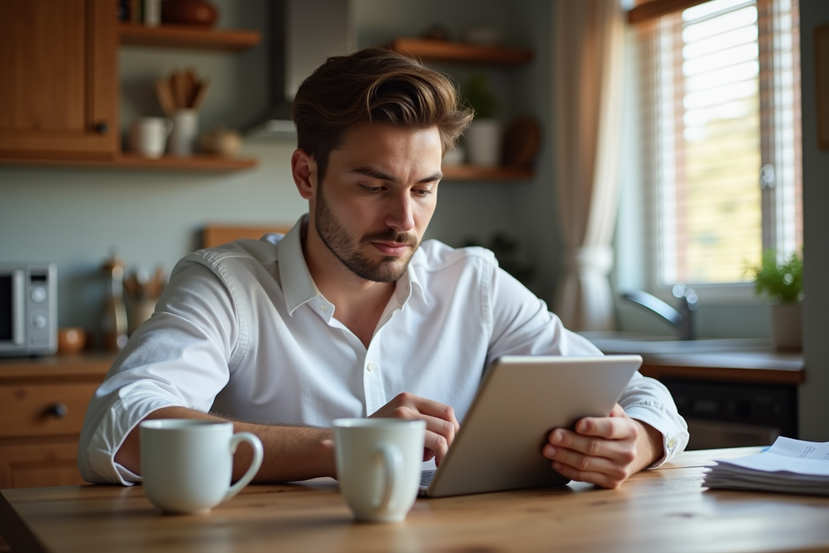 Jeune homme lisant un email sur sa tablette à la maison