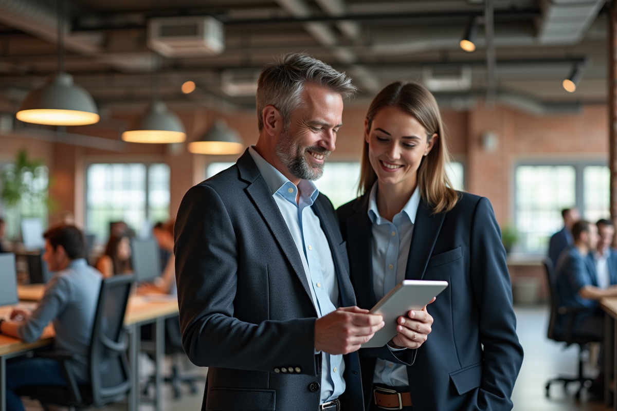 Homme d âge moyen discutant avec collègue au bureau