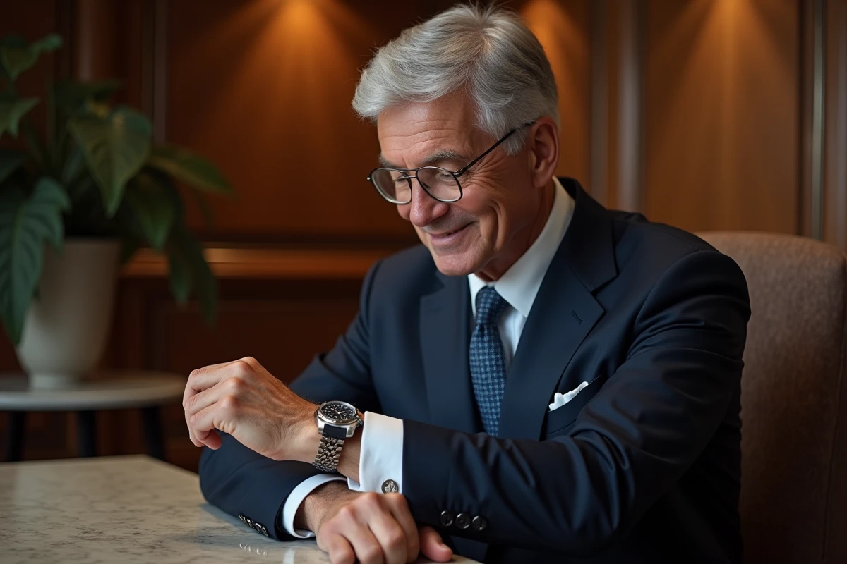 Homme d age ajustant sa montre luxe dans un bureau raffine