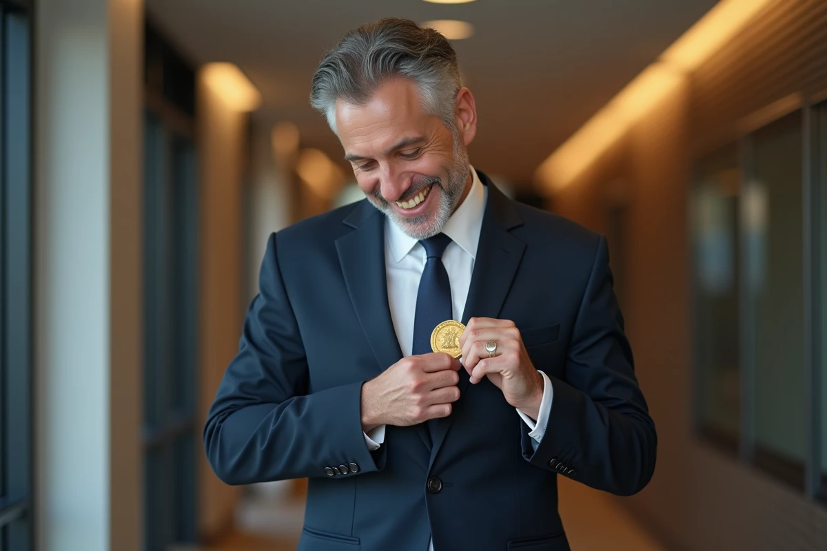 Homme en costume épinglant lui-même sa médaille du Travail en or sur son revers de veste dans un couloir de bureau