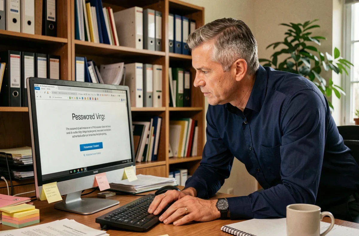 Homme d'affaires confronté à une erreur d'authentification sur un extranet professionnel depuis son bureau privé