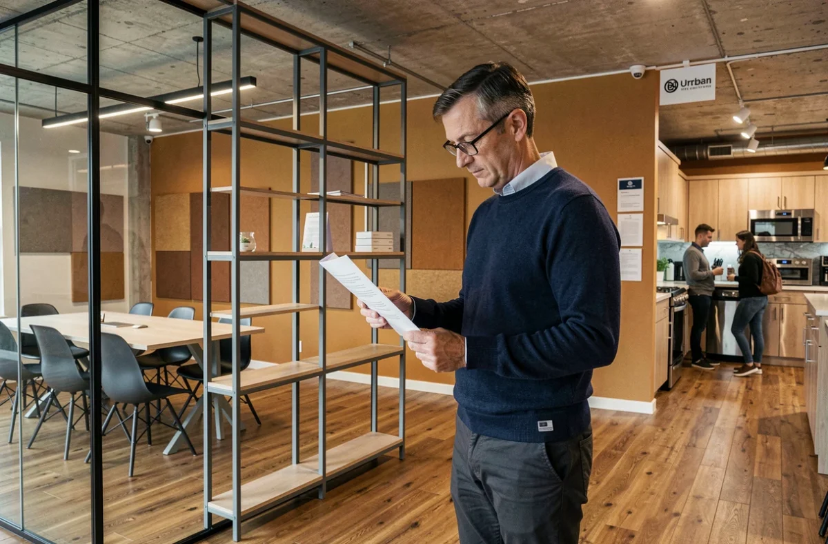 Homme consultant des documents dans un espace de coworking à Montpellier avec salle de réunion vitrée