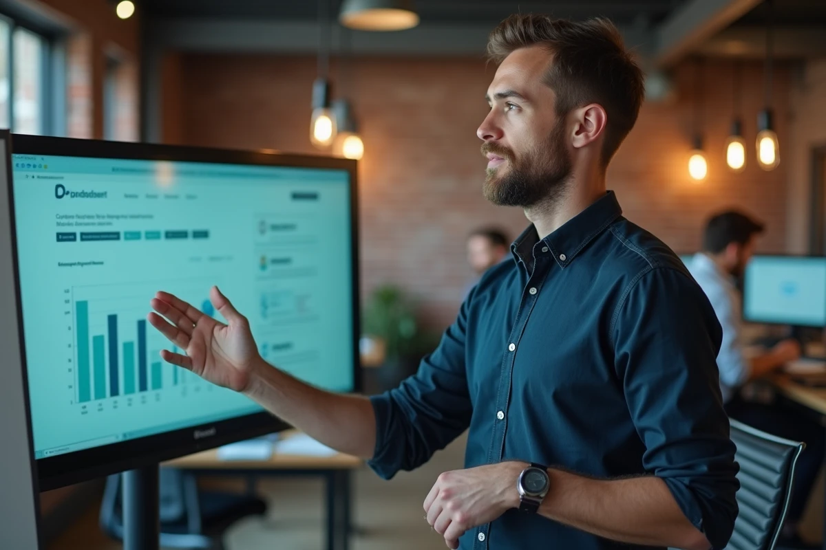 Homme expliquant une interface web à un écran dans un espace de coworking moderne