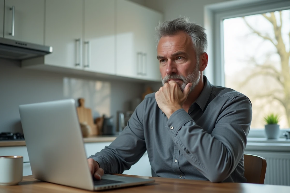 Homme d'âge moyen hésitant devant son ordinateur portable en rédigeant une formule de clôture d'email professionnel