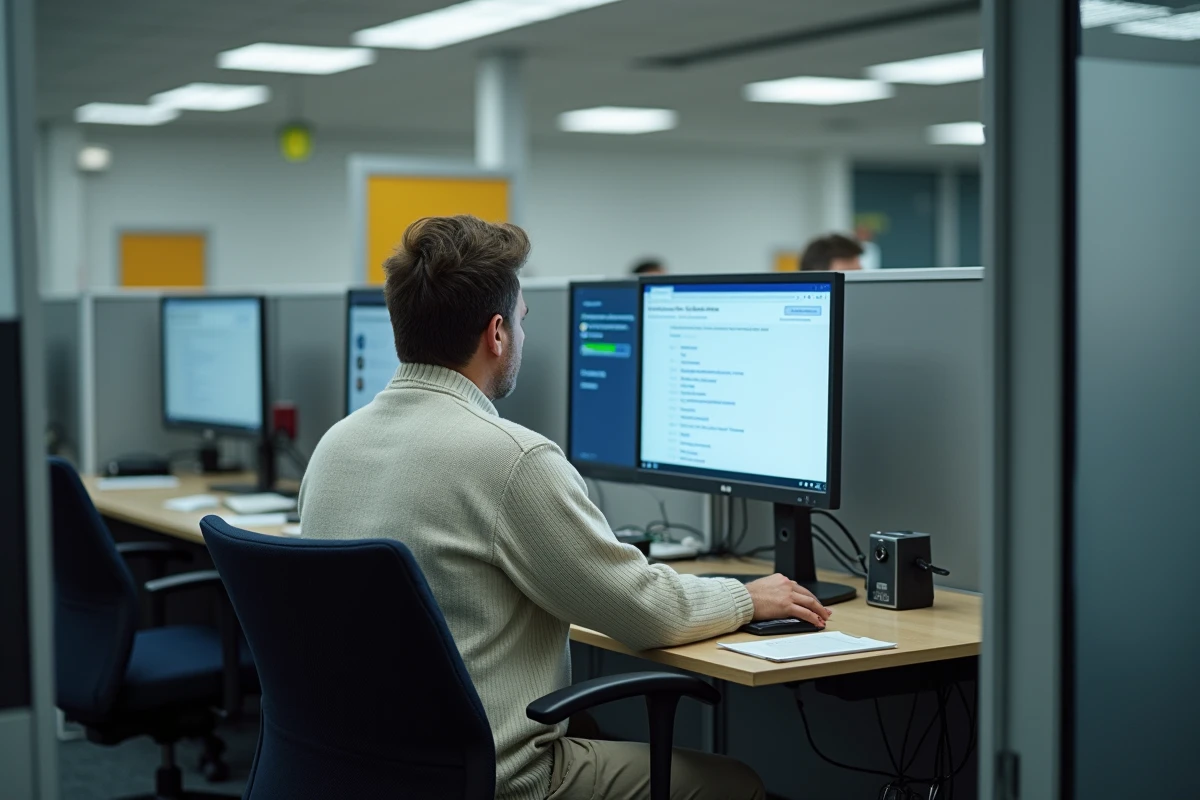Homme lisant un message sur un ordinateur dans un bureau public