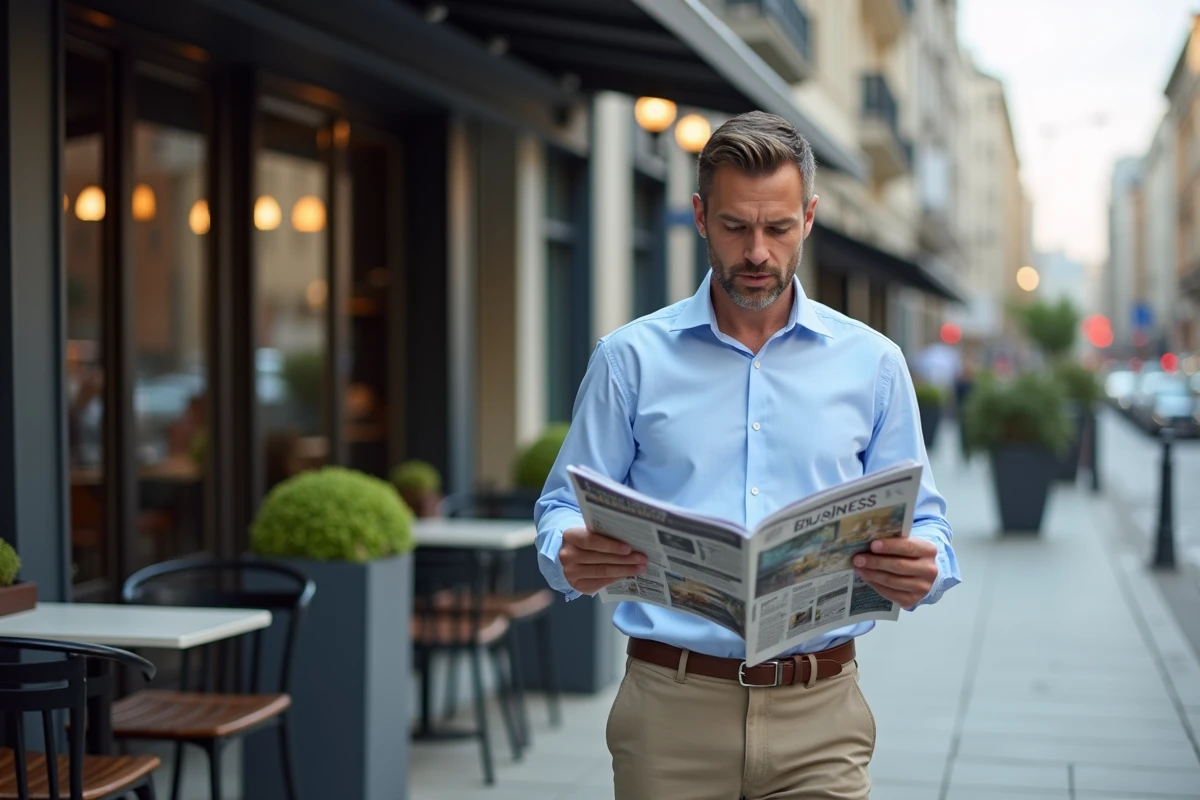 Homme lisant un magazine dans un café urbain