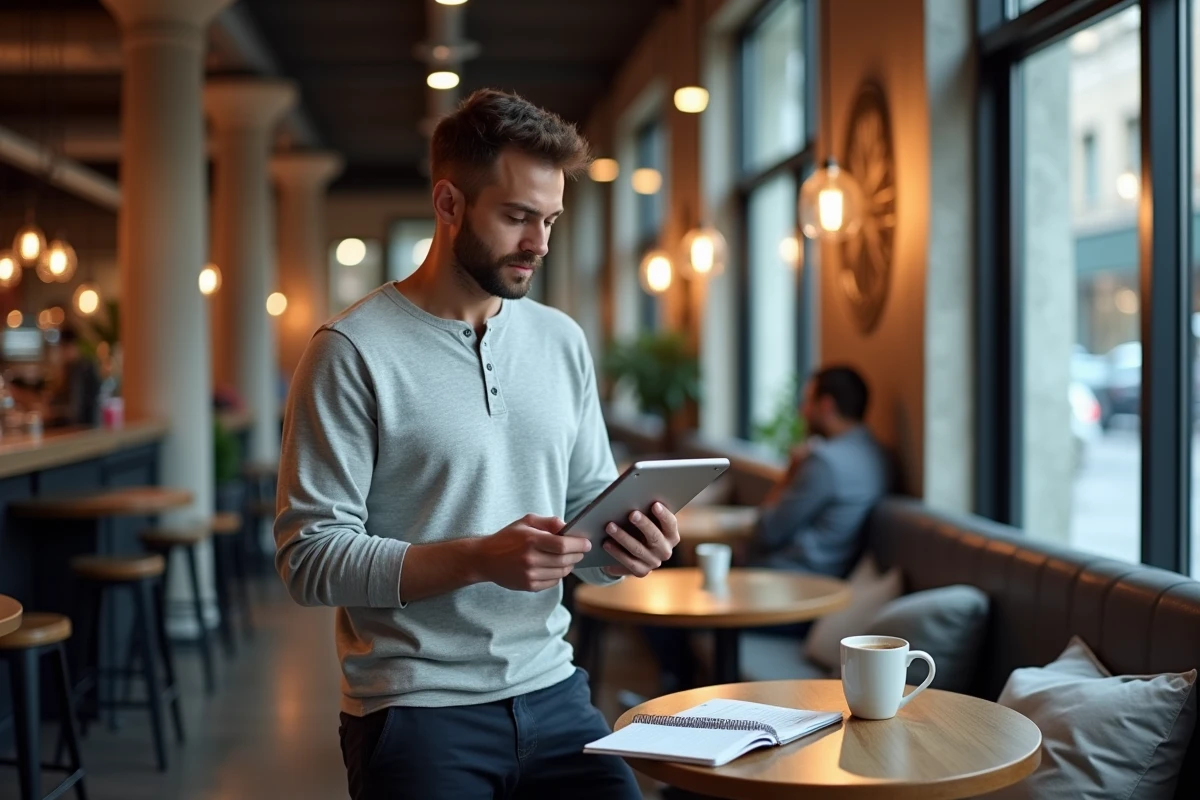 Homme consultant un site de magazine business sur tablette dans un café pour développer son projet entrepreneurial