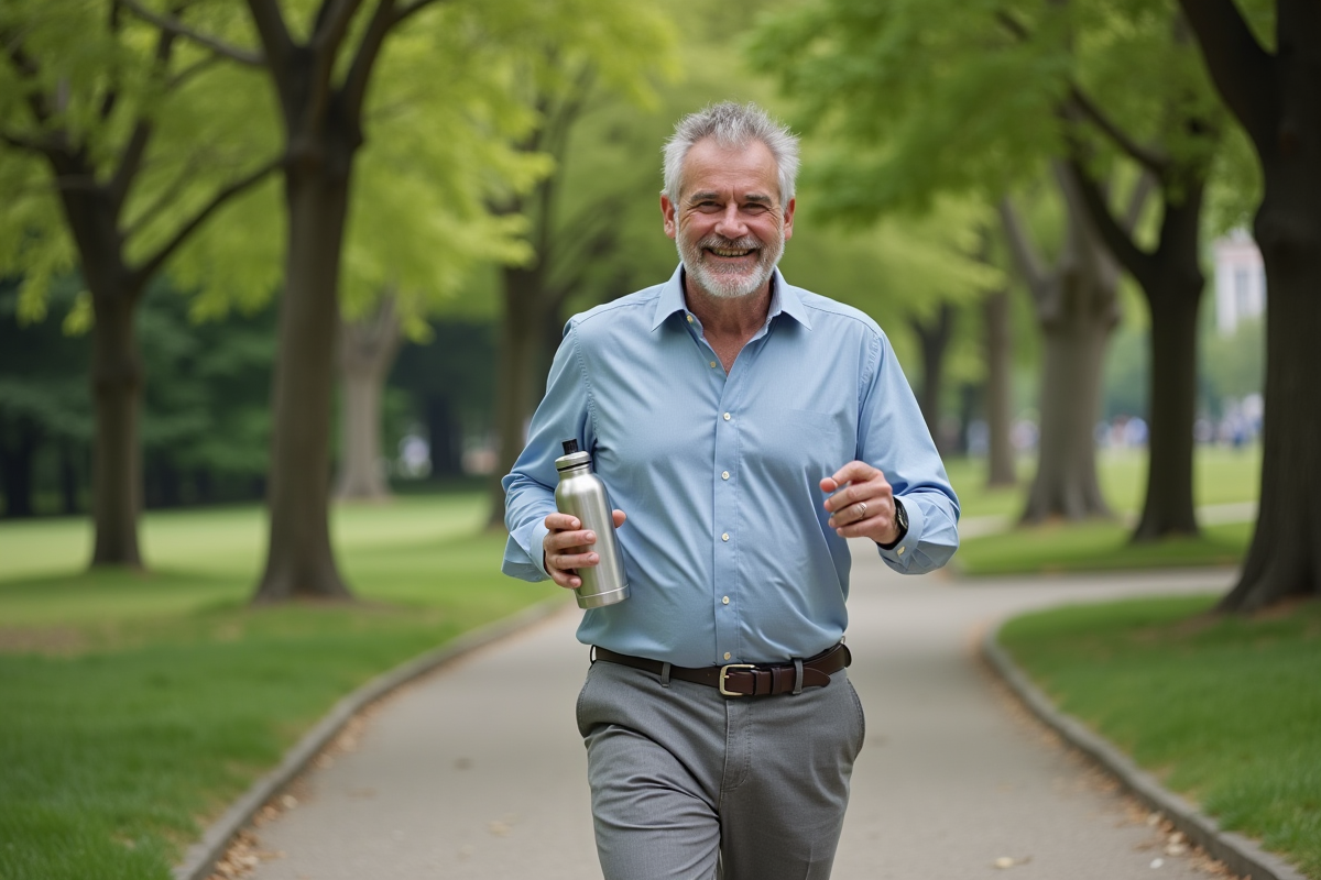 Homme marche dans un parc urbain ensoleille