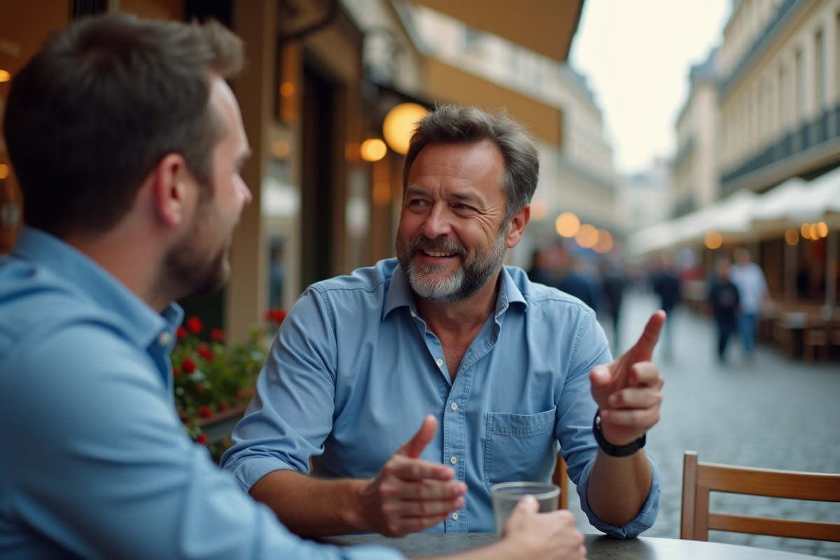 Homme français discute à un café parisien en plein air