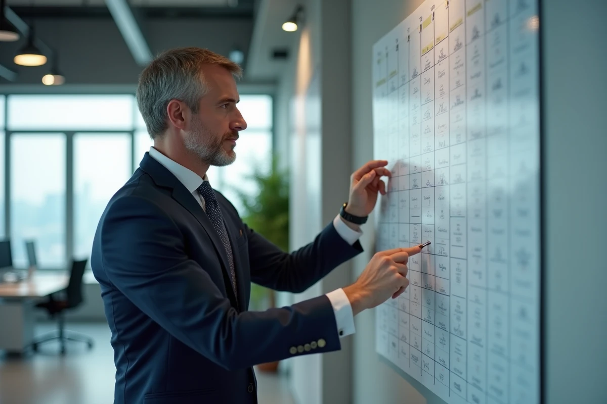 Homme en costume planifiant sur un calendrier au bureau