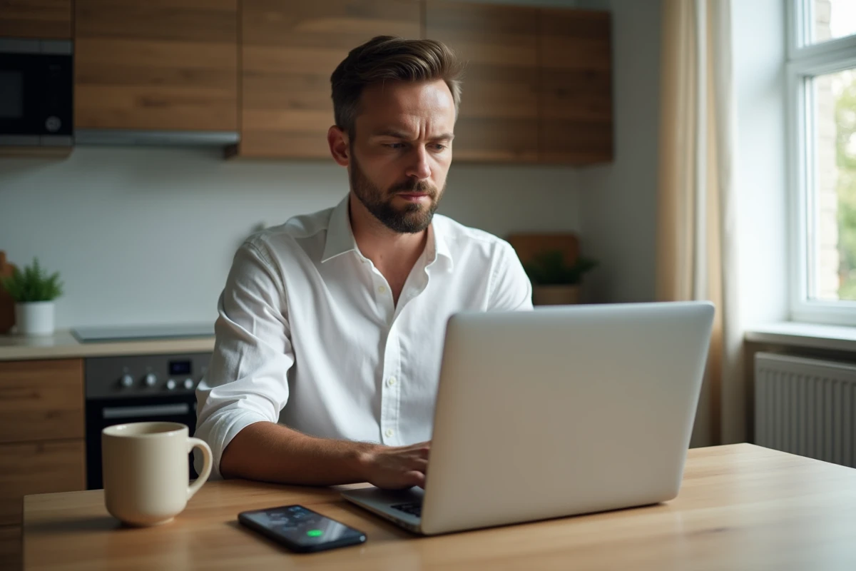 Homme recherchant les horaires d'appel Geodis sur ordinateur portable depuis chez lui