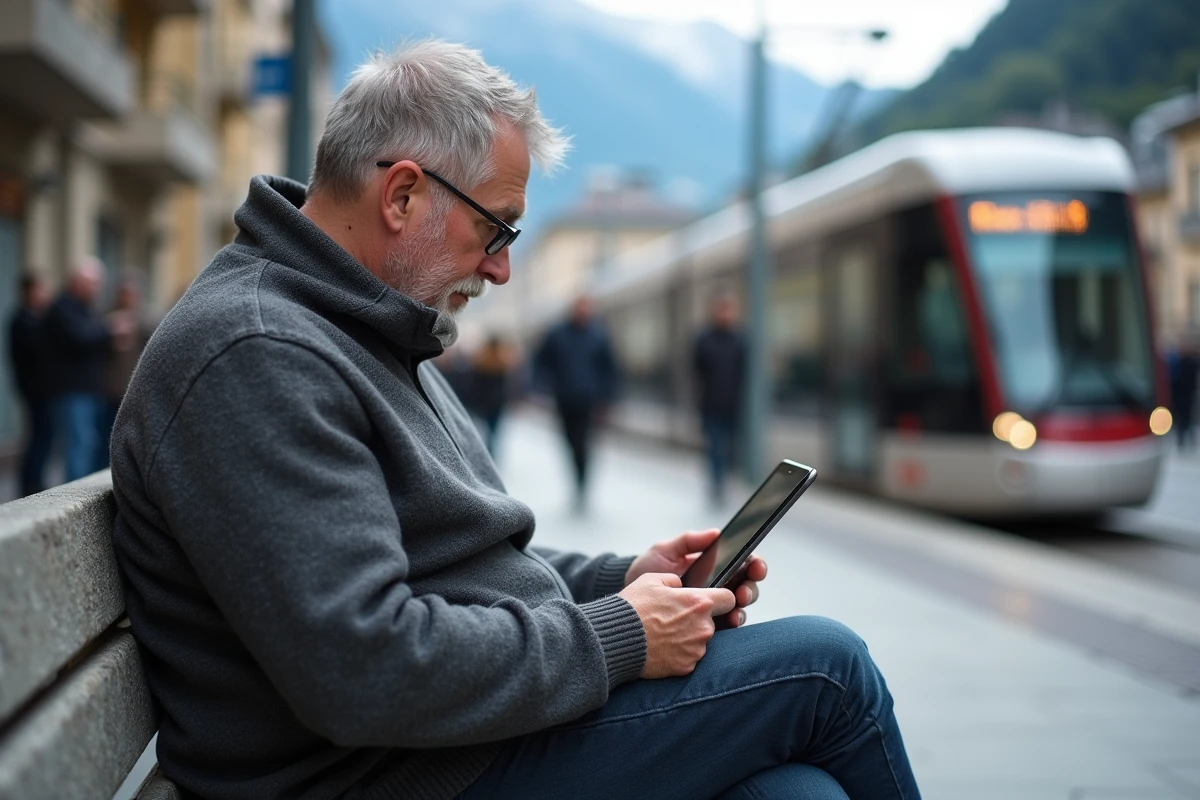Homme réinitialisant son mot de passe sur une tablette à Grenoble