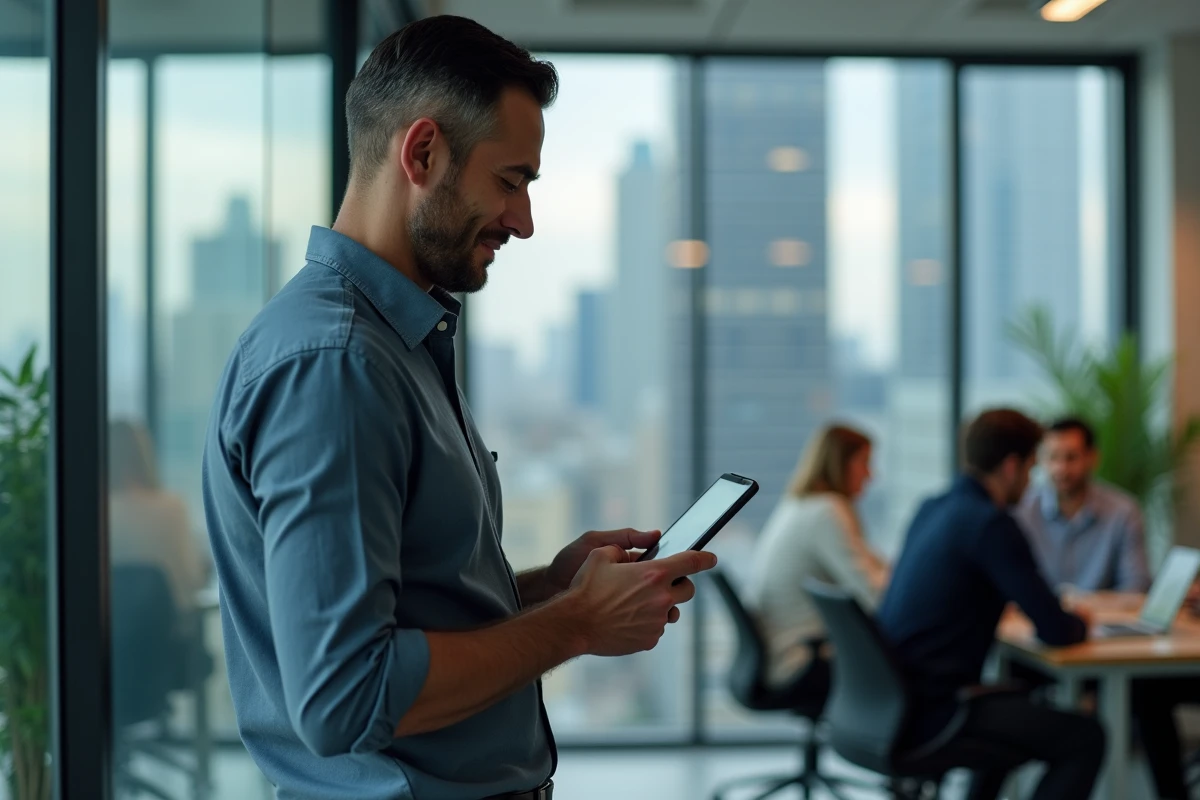Homme utilisant une tablette dans un espace de coworking urbain