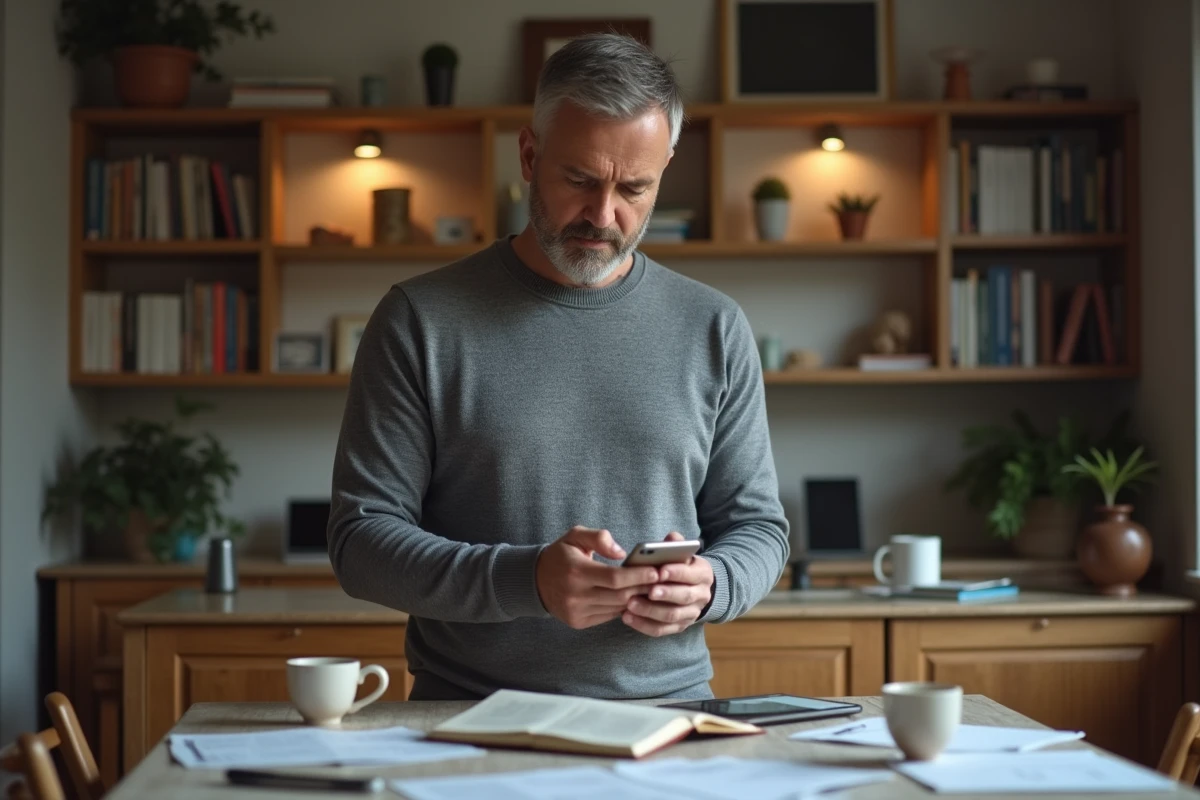 Homme avec smartphone suivant une instruction de reinitialisation