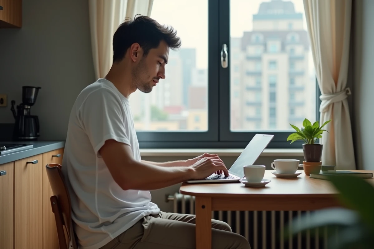 Homme travaillant à distance depuis sa cuisine avec une tablette et un café