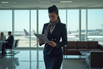 Hôtesse de l'air en uniforme dans un lounge aéroport