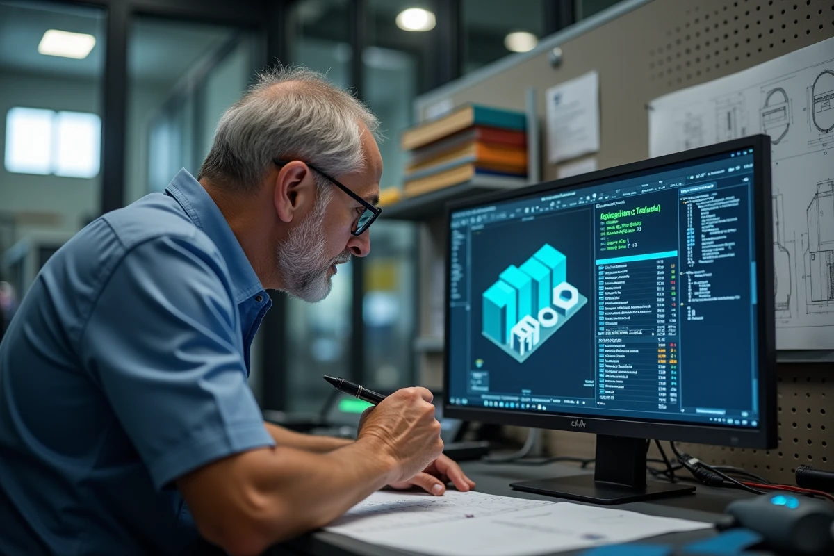 Ingénieur CNC analysant un programme de FAO sur écran dans un bureau d'atelier