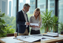 Réglementation environnementale : exemple concret et pratique à connaître Inspecteur en réunion avec ingénieure dans un bureau lumineux
