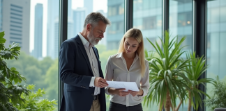 Réglementation environnementale : exemple concret et pratique à connaître Inspecteur en réunion avec ingénieure dans un bureau lumineux