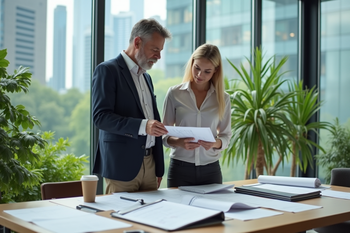 Inspecteur en réunion avec ingénieure dans un bureau lumineux
