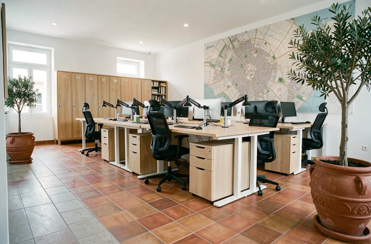 Intérieur vide d'un espace de coworking design à Montpellier avec bureaux ergonomiques et décor méditerranéen