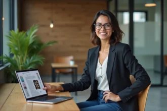 Jeune femme d'affaires assise à un bureau moderne