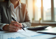 Jeune femme professionnelle analysant sa fiche de paie