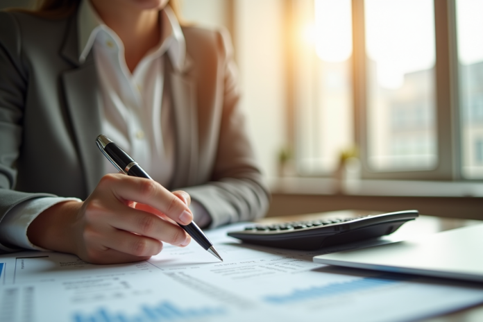 Jeune femme professionnelle analysant sa fiche de paie