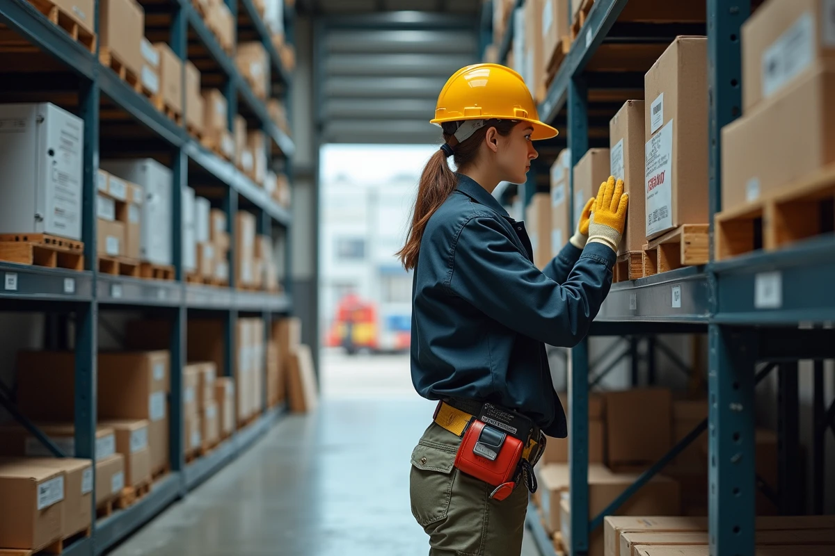 Jeune femme inspectant des équipements électriques en entrepôt
