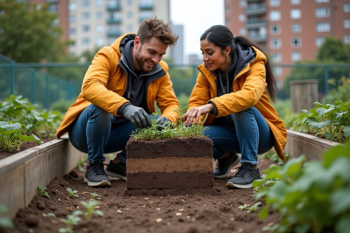 Jeune homme et femme observant un profil de sol en jardin urbain