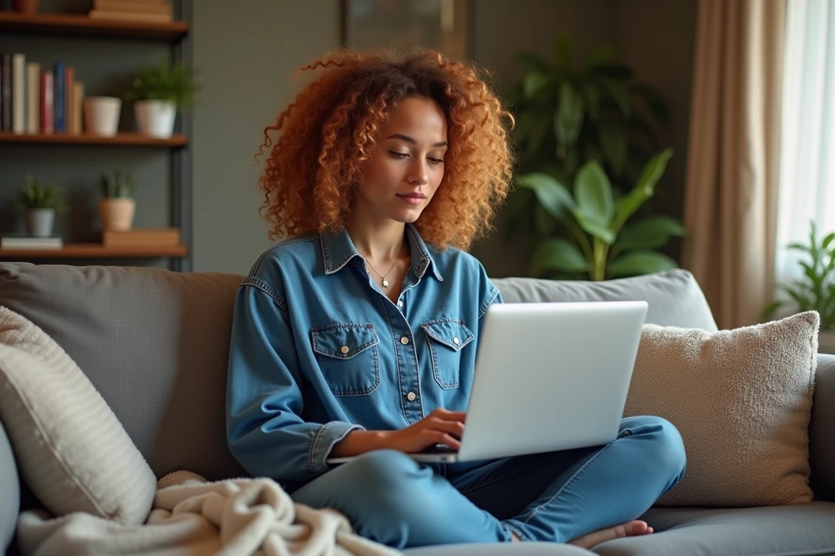 Jeune femme freelance travaillant sur son canapé avec un ordinateur portable