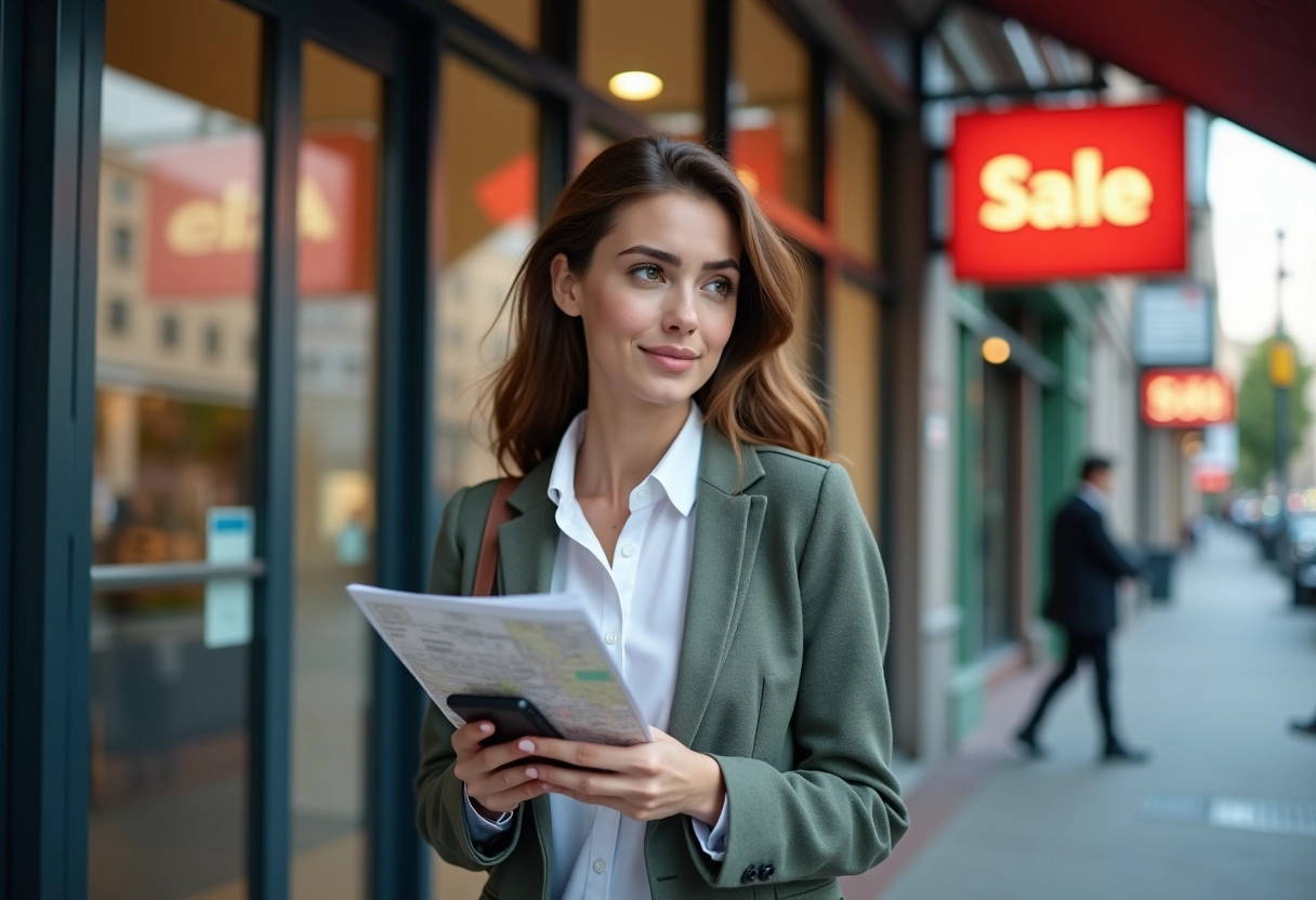 Jeune femme avec carte et téléphone devant une agence