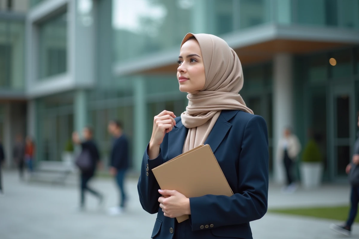 Jeune femme musulmane en hijab dans un environnement urbain