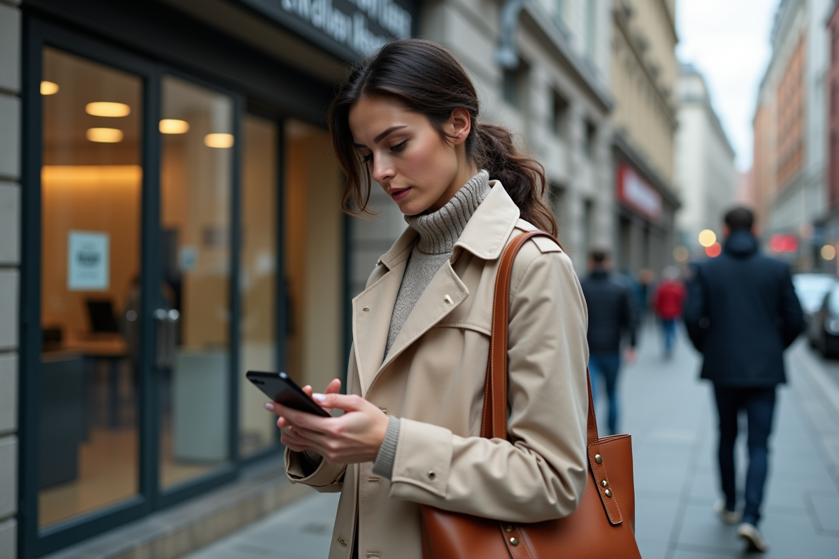Jeune femme avec trench beige vérifiant son smartphone