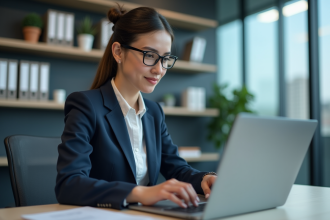 Jeune femme professionnelle en bureau examinant un CV numérique