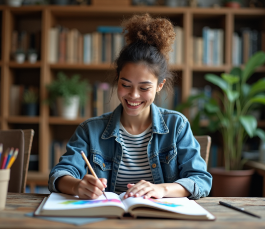 Idées de projets originales et inspirantes : où les trouver ? Jeune femme créative dans son studio avec carnet de croquis