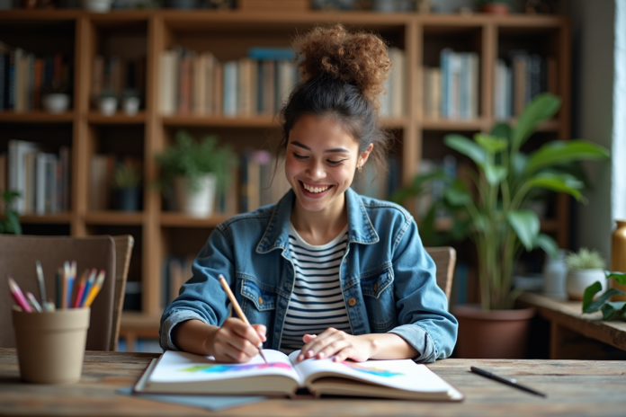 jeune-femme-studio-creatif Jeune femme créative dans son studio avec carnet de croquis