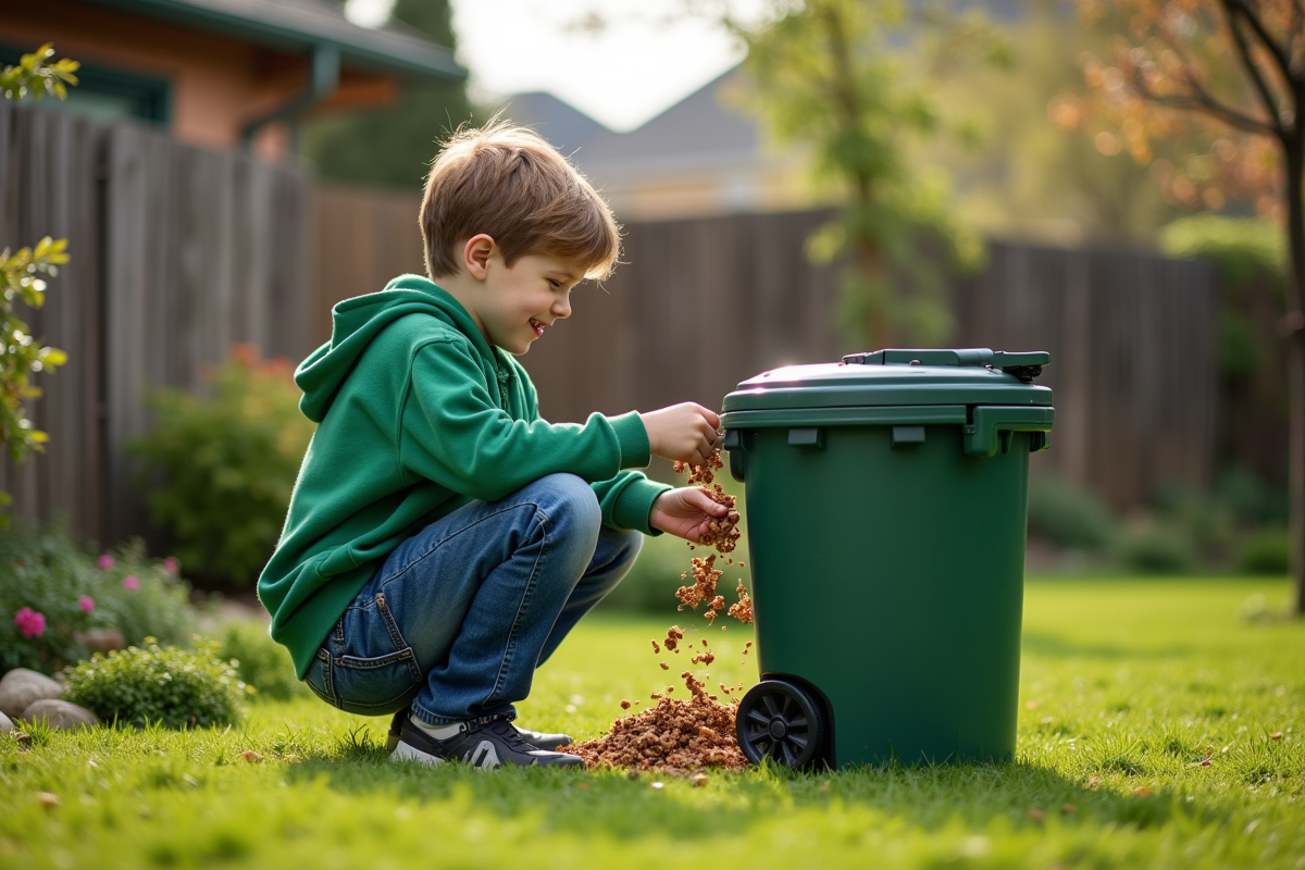 Jeune garçon en hoodie compostant dans un jardin verdoyant