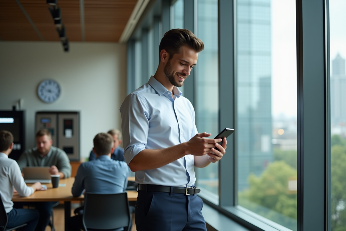 Jeune homme dans la salle de pause vérifiant son téléphone