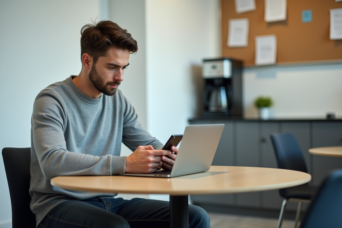 Jeune homme utilisant son smartphone dans une salle de pause