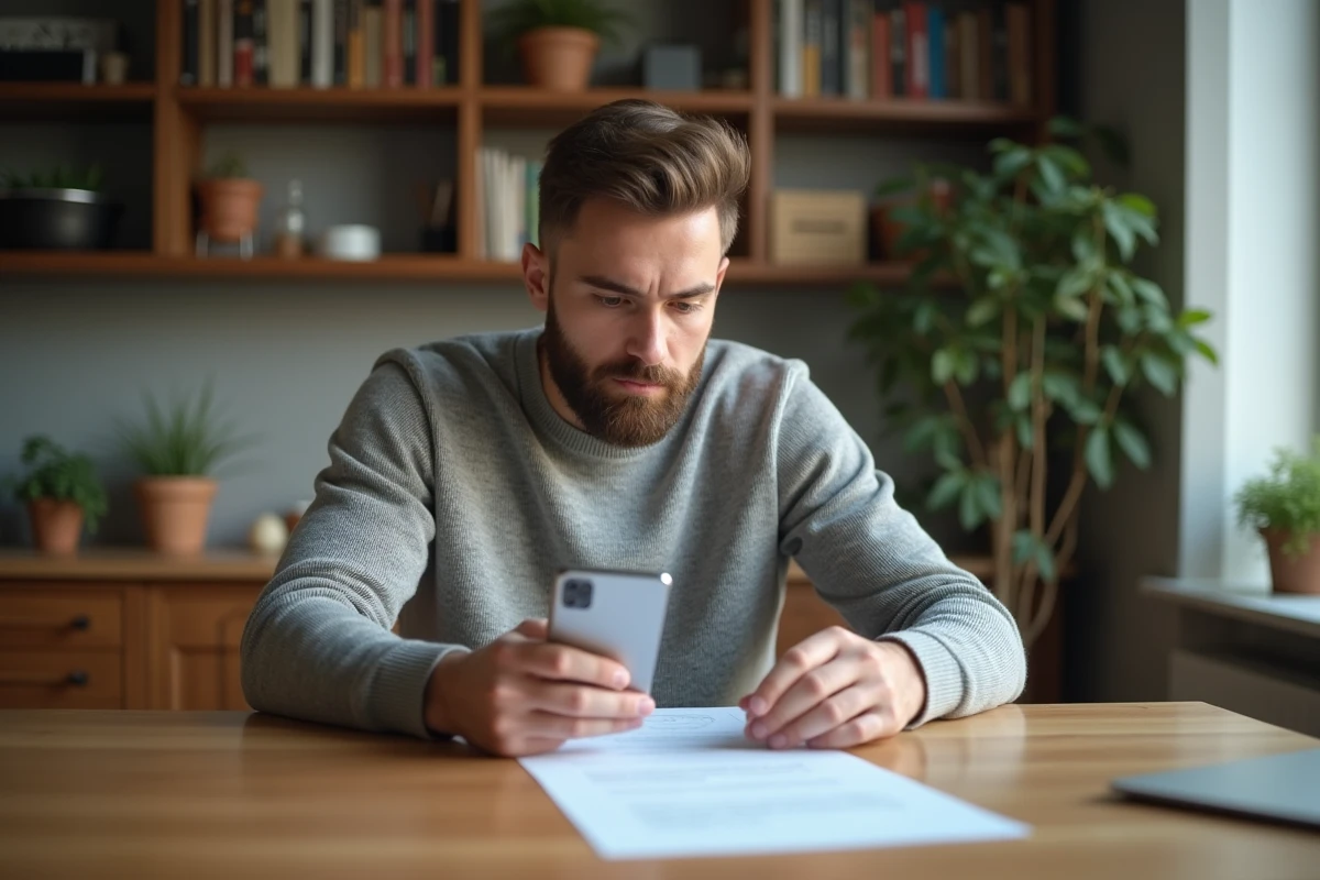 Jeune homme à la maison examinant un document