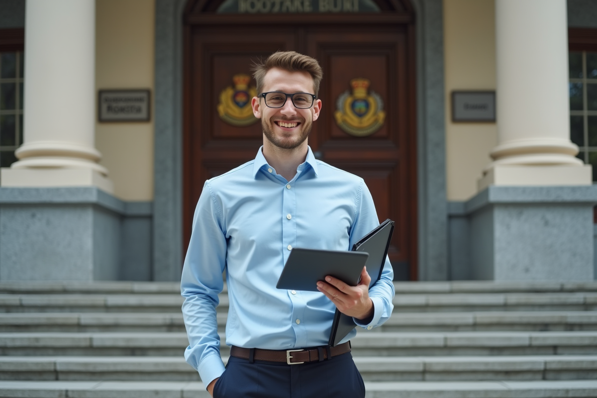 Jeune homme souriant devant un bâtiment administratif