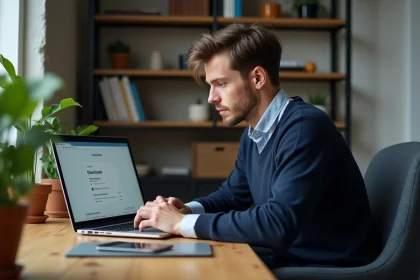 Jeune homme concentré comparant adresses sur son ordinateur
