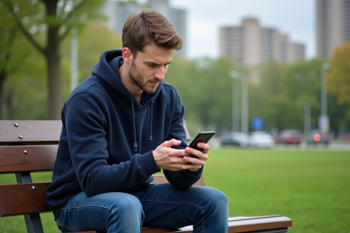 Jeune homme sur un banc dans un parc regardant son smartphone