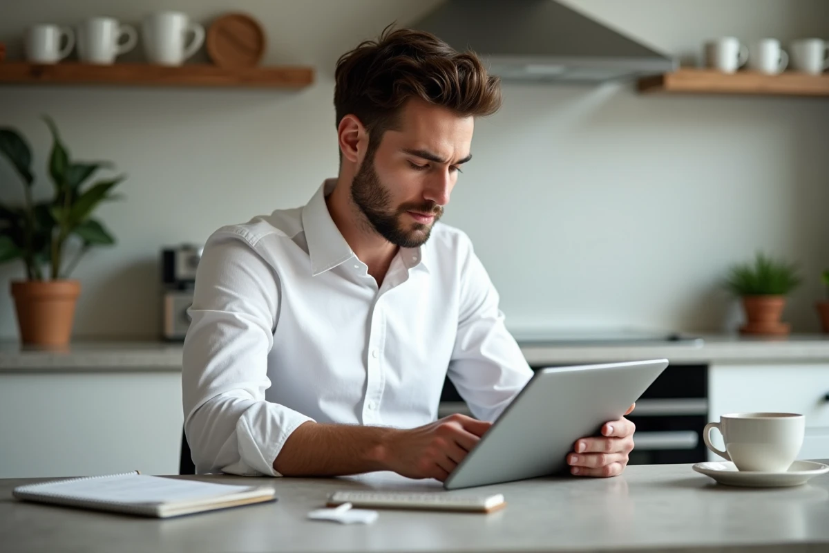 Jeune homme consulte un document sur tablette dans la cuisine