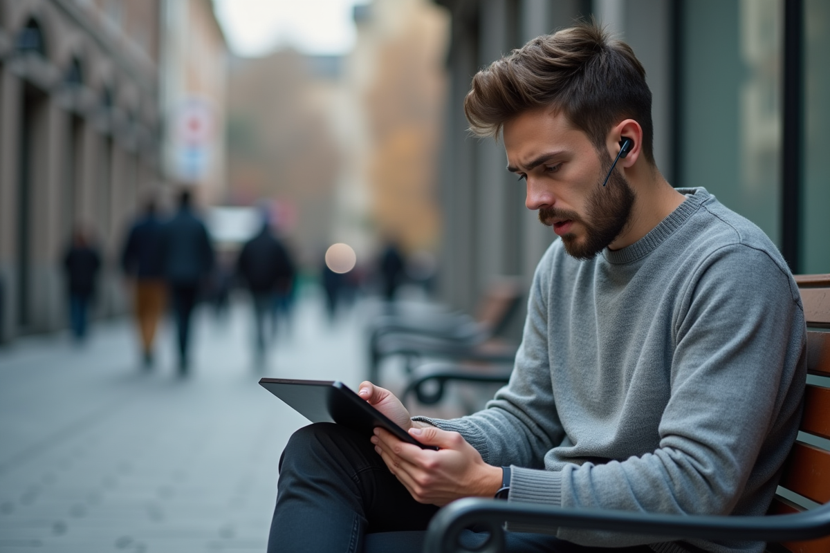 Jeune homme urbain parlant en marchant avec tablette