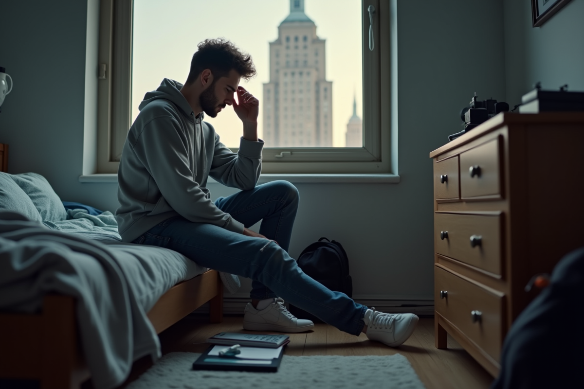 Jeune homme en vidéo appel dans une chambre exiguë