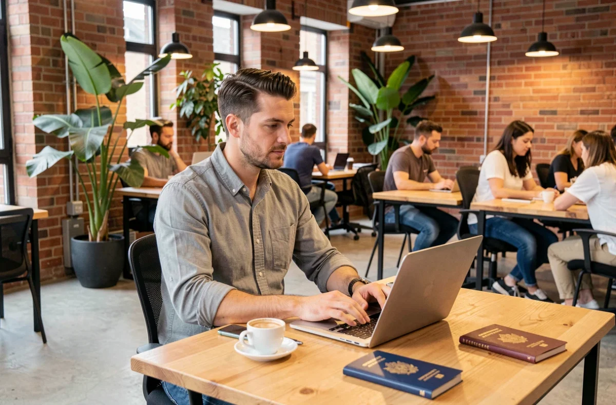 Jeune professionnel travaillant en télétravail dans un espace de coworking à l'étranger avec passeport et ordinateur portable