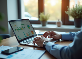 Comment l’application Direct Écureuil peut améliorer la gestion de votre entreprise ? Jeune professionnel analysant des graphiques financiers au bureau