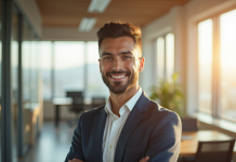 Jeune professionnel confiant dans un bureau lumineux